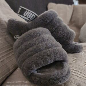 UGG Charcoal Fluff Slide Shearling Slides